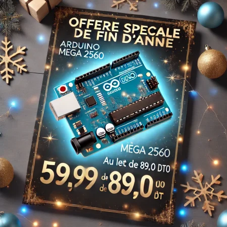 promotionnelle festive pour l'Arduino Mega 2560, mettant en avant l'offre spéciale de fin d'année (59,99 DT au lieu de 89,00 DT)