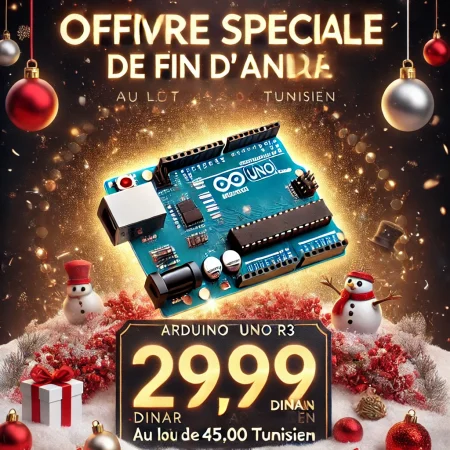 l'Arduino Uno R3, avec le prix en Dinar Tunisien (29,99 DT au lieu de 45,00 DT)