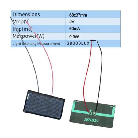 Panneau solaire en silicium polycristallin 5V 60ma, 68x37mm, fil rouge et noir 15cm